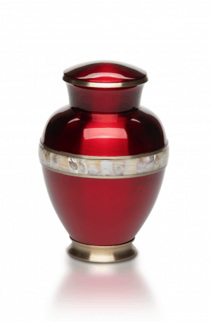 Sapphire Red With Accent of Mother of Pearl Brass Cremation Urn