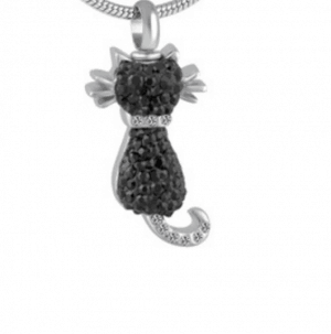 Black Crystal Cat Stainless Steel Cremation Pendant