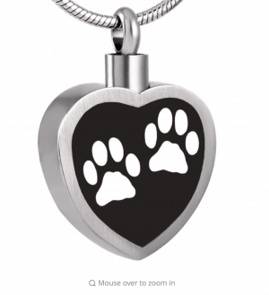 Stainless Steel Trimmed Black Heart White Paw Print Cremation Pendant
