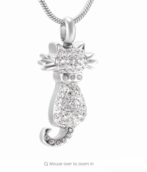 Clear Crystal Cat Stainless Steel Cremation Pendant