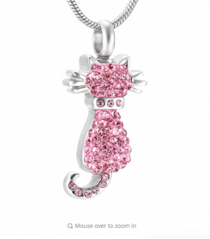 Pink Crystal Cat Stainless Steel Cremation Pendant