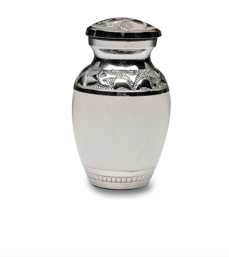 White Enamel Silver Cremation Urns design is hand tooled carved