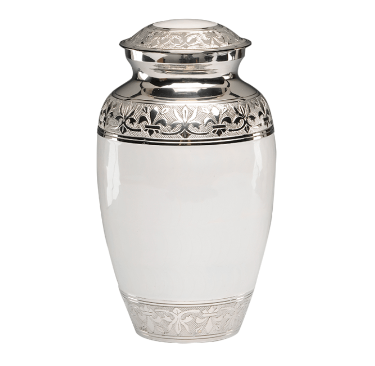 White Enamel Silver Cremation Urns design is hand tooled carved